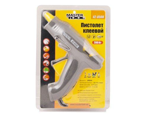 Пістолет клейовий MASTERTOOL Ø 11,2 мм 200 Вт 15-18 г/хв "Крапля-Стоп" 42-0508 Пістолет клейовий MASTERTOOL Ø 11,2 мм 200 Вт 15-18 г/хв "Крапля-Стоп" 42-0508